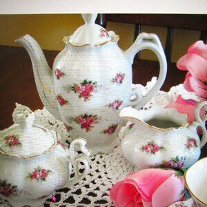 Vtg white Porcelain 3 piece hand painted red rosebud teapot,sugar, creamer set J